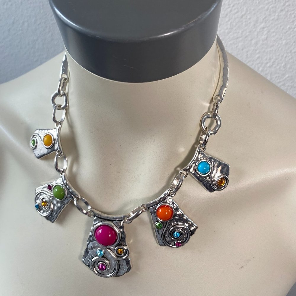 Women Necklace Flat silver tone square shape hammered chokers with beads 19" inc - Picture 2 of 5